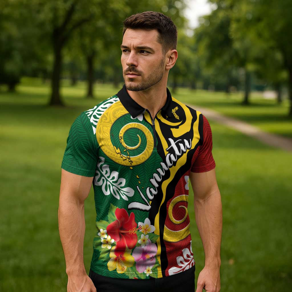 Melanesian Vanuatu Tribal Boar Tusk Zipper Polo Shirt Tropical Plants and Namele Motifs LT03 - Polynesian Pride