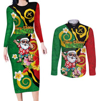 Vanuatu Christmas Couples Matching Long Sleeve Bodycon Dress and Long Sleeve Button Shirt Funny Santa with Namele and Boar Tusk Tribal LT03 Green - Polynesian Pride