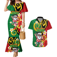 Vanuatu Christmas Couples Matching Mermaid Dress and Hawaiian Shirt Funny Santa with Namele and Boar Tusk Tribal LT03 Green - Polynesian Pride