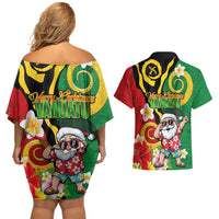 Vanuatu Christmas Couples Matching Off Shoulder Short Dress and Hawaiian Shirt Funny Santa with Namele and Boar Tusk Tribal LT03 - Polynesian Pride