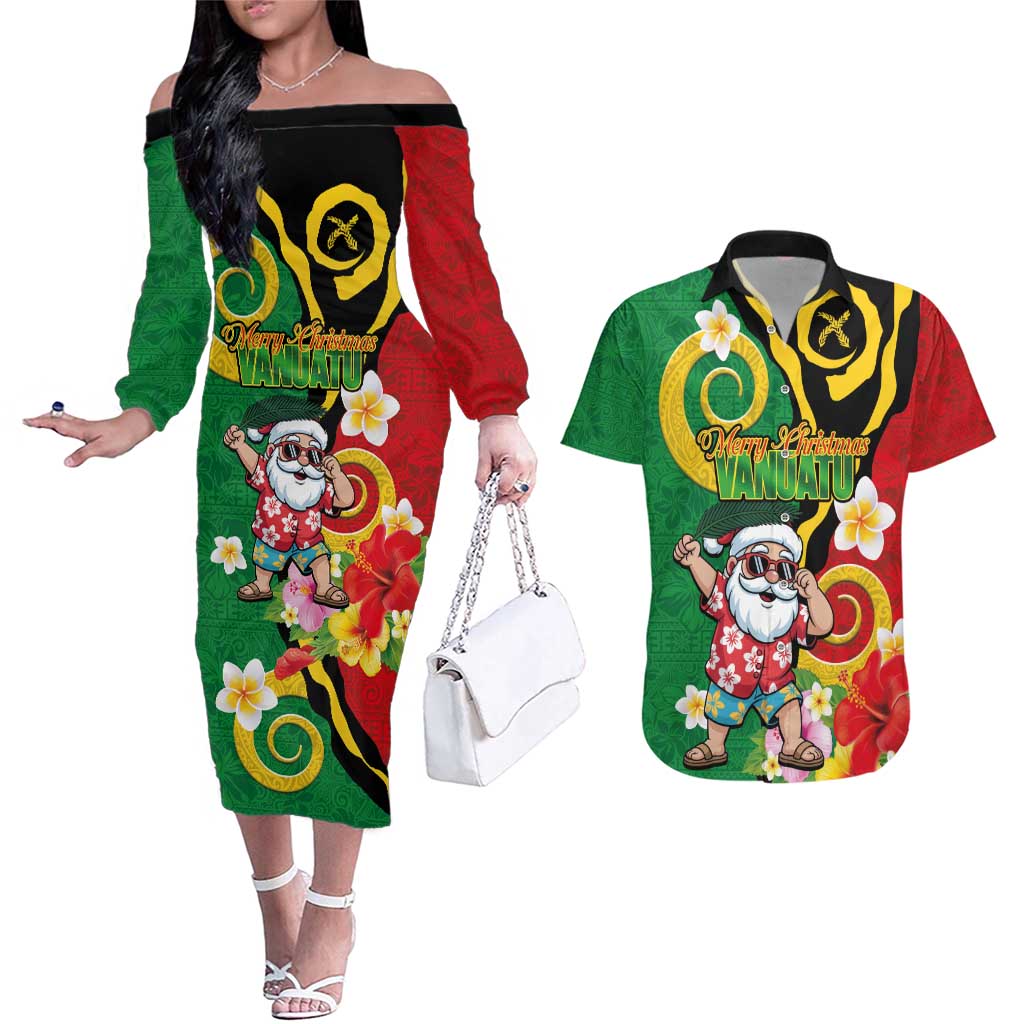 Vanuatu Christmas Couples Matching Off The Shoulder Long Sleeve Dress and Hawaiian Shirt Funny Santa with Namele and Boar Tusk Tribal LT03 Green - Polynesian Pride