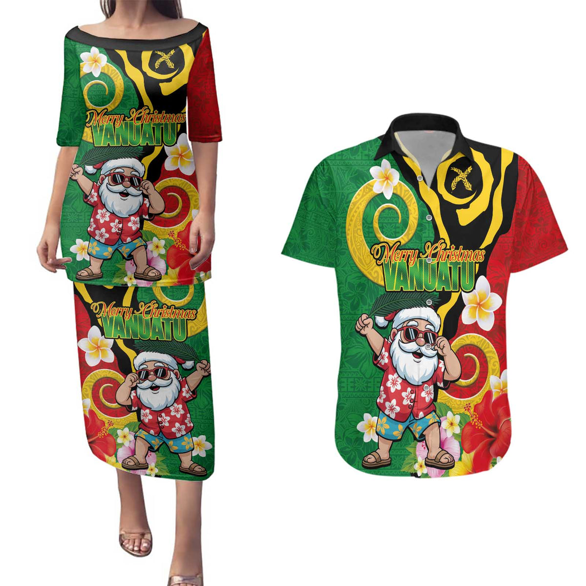 Vanuatu Christmas Couples Matching Puletasi and Hawaiian Shirt Funny Santa with Namele and Boar Tusk Tribal LT03 Green - Polynesian Pride