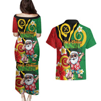 Vanuatu Christmas Couples Matching Puletasi and Hawaiian Shirt Funny Santa with Namele and Boar Tusk Tribal LT03 - Polynesian Pride