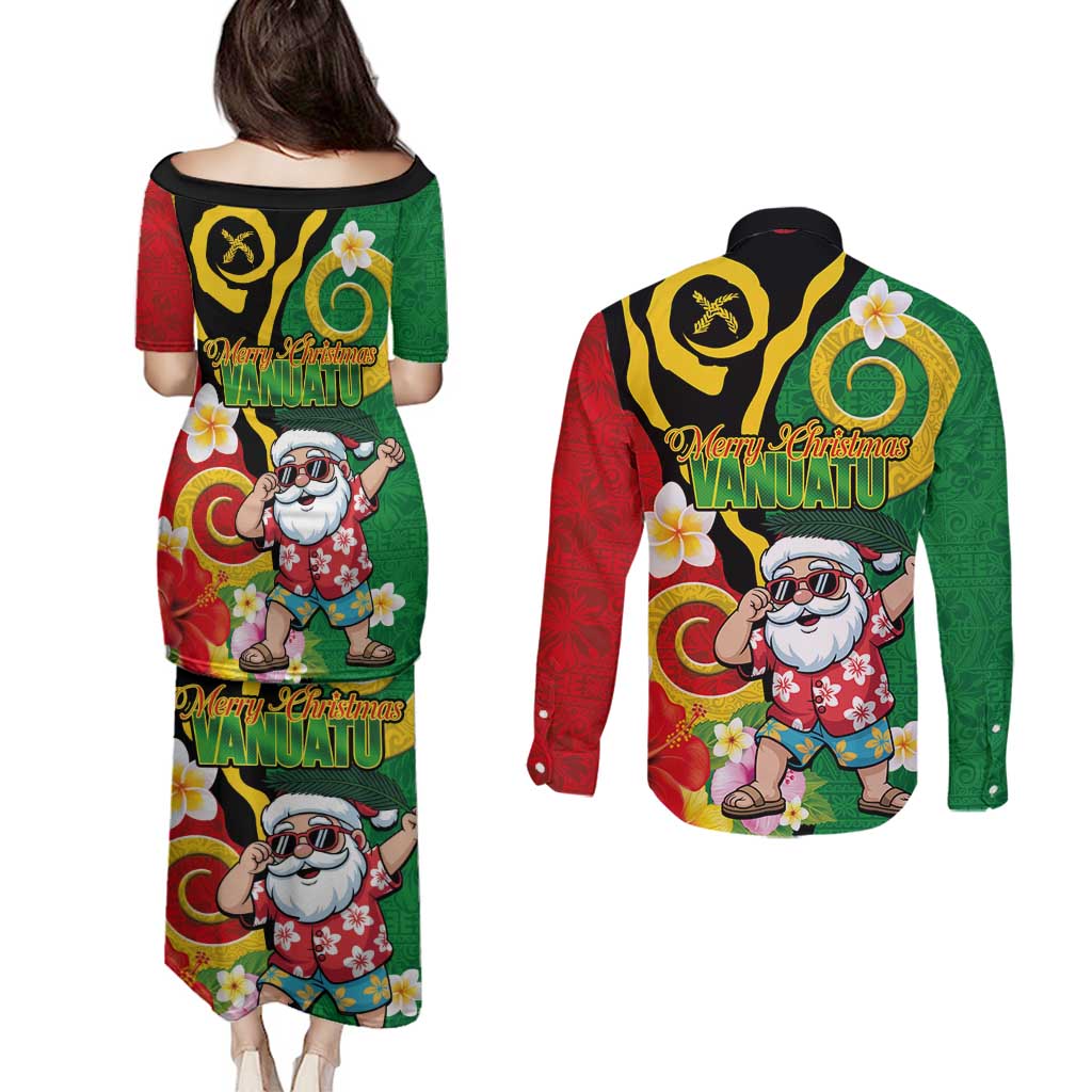 Vanuatu Christmas Couples Matching Puletasi and Long Sleeve Button Shirt Funny Santa with Namele and Boar Tusk Tribal LT03 - Polynesian Pride