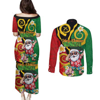 Vanuatu Christmas Couples Matching Puletasi and Long Sleeve Button Shirt Funny Santa with Namele and Boar Tusk Tribal LT03 - Polynesian Pride
