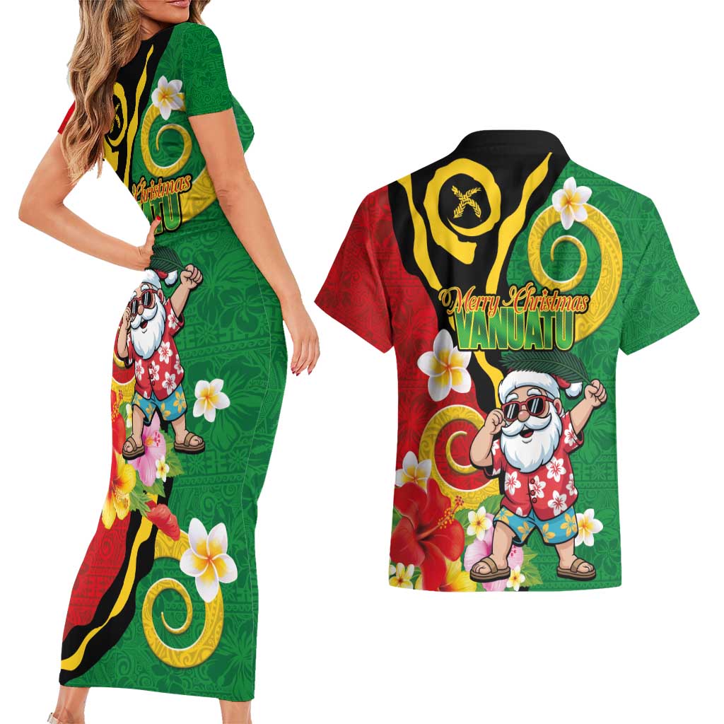 Vanuatu Christmas Couples Matching Short Sleeve Bodycon Dress and Hawaiian Shirt Funny Santa with Namele and Boar Tusk Tribal LT03 - Polynesian Pride