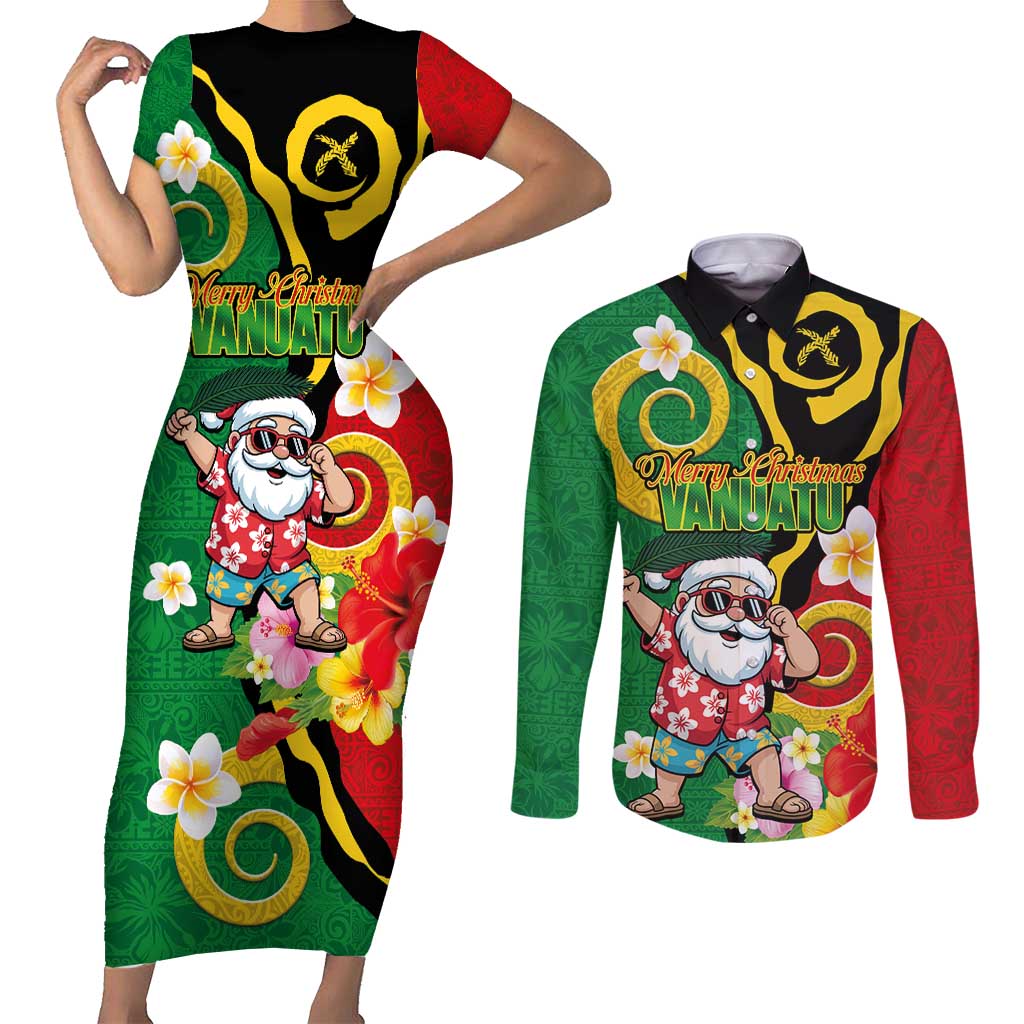 Vanuatu Christmas Couples Matching Short Sleeve Bodycon Dress and Long Sleeve Button Shirt Funny Santa with Namele and Boar Tusk Tribal LT03 Green - Polynesian Pride