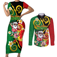 Vanuatu Christmas Couples Matching Short Sleeve Bodycon Dress and Long Sleeve Button Shirt Funny Santa with Namele and Boar Tusk Tribal LT03 Green - Polynesian Pride