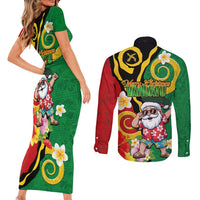 Vanuatu Christmas Couples Matching Short Sleeve Bodycon Dress and Long Sleeve Button Shirt Funny Santa with Namele and Boar Tusk Tribal LT03 - Polynesian Pride