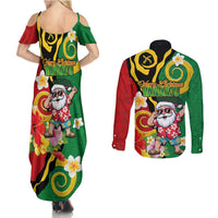 Vanuatu Christmas Couples Matching Summer Maxi Dress and Long Sleeve Button Shirt Funny Santa with Namele and Boar Tusk Tribal LT03 - Polynesian Pride