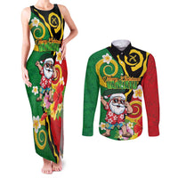 Vanuatu Christmas Couples Matching Tank Maxi Dress and Long Sleeve Button Shirt Funny Santa with Namele and Boar Tusk Tribal LT03 Green - Polynesian Pride