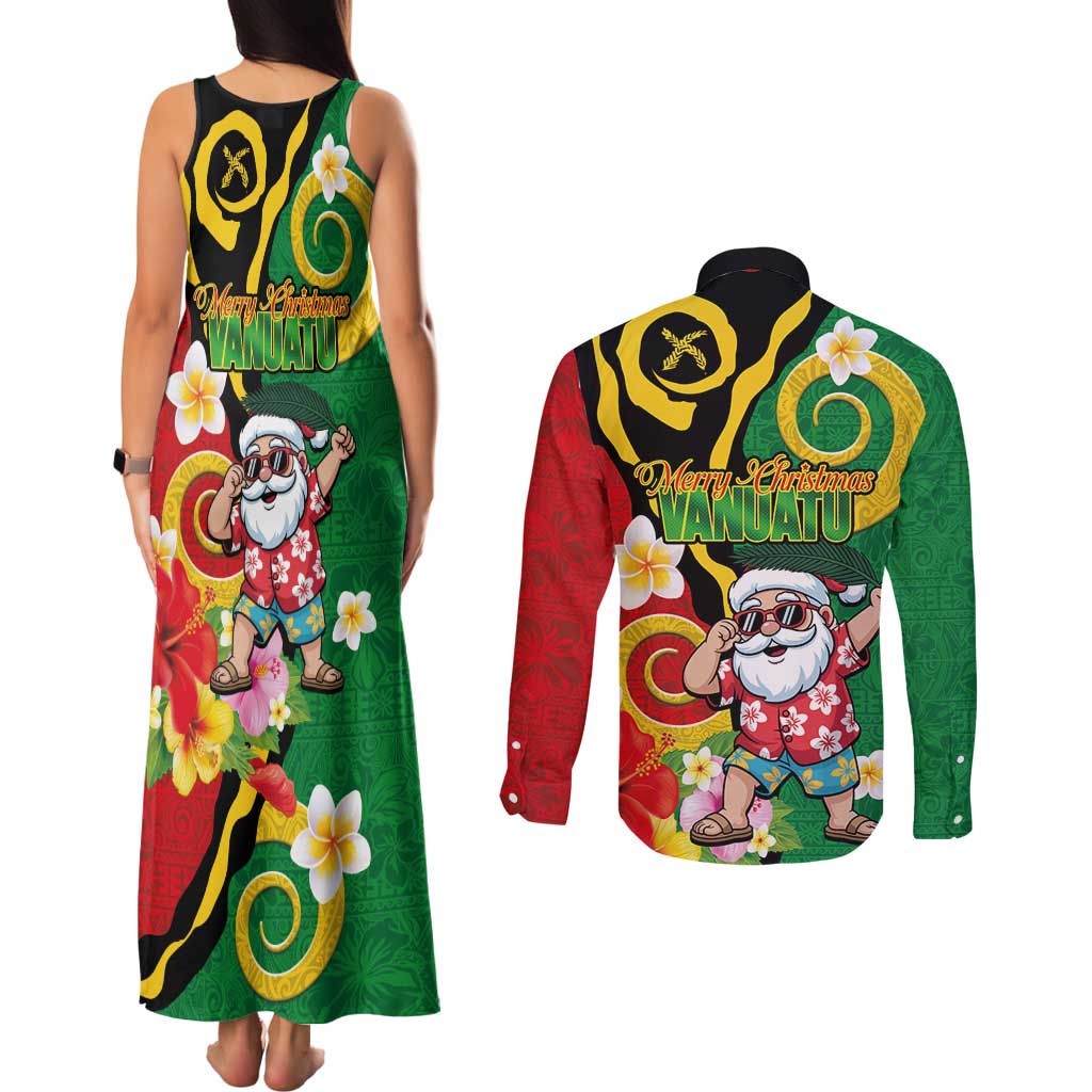 Vanuatu Christmas Couples Matching Tank Maxi Dress and Long Sleeve Button Shirt Funny Santa with Namele and Boar Tusk Tribal LT03 - Polynesian Pride