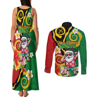 Vanuatu Christmas Couples Matching Tank Maxi Dress and Long Sleeve Button Shirt Funny Santa with Namele and Boar Tusk Tribal LT03 - Polynesian Pride