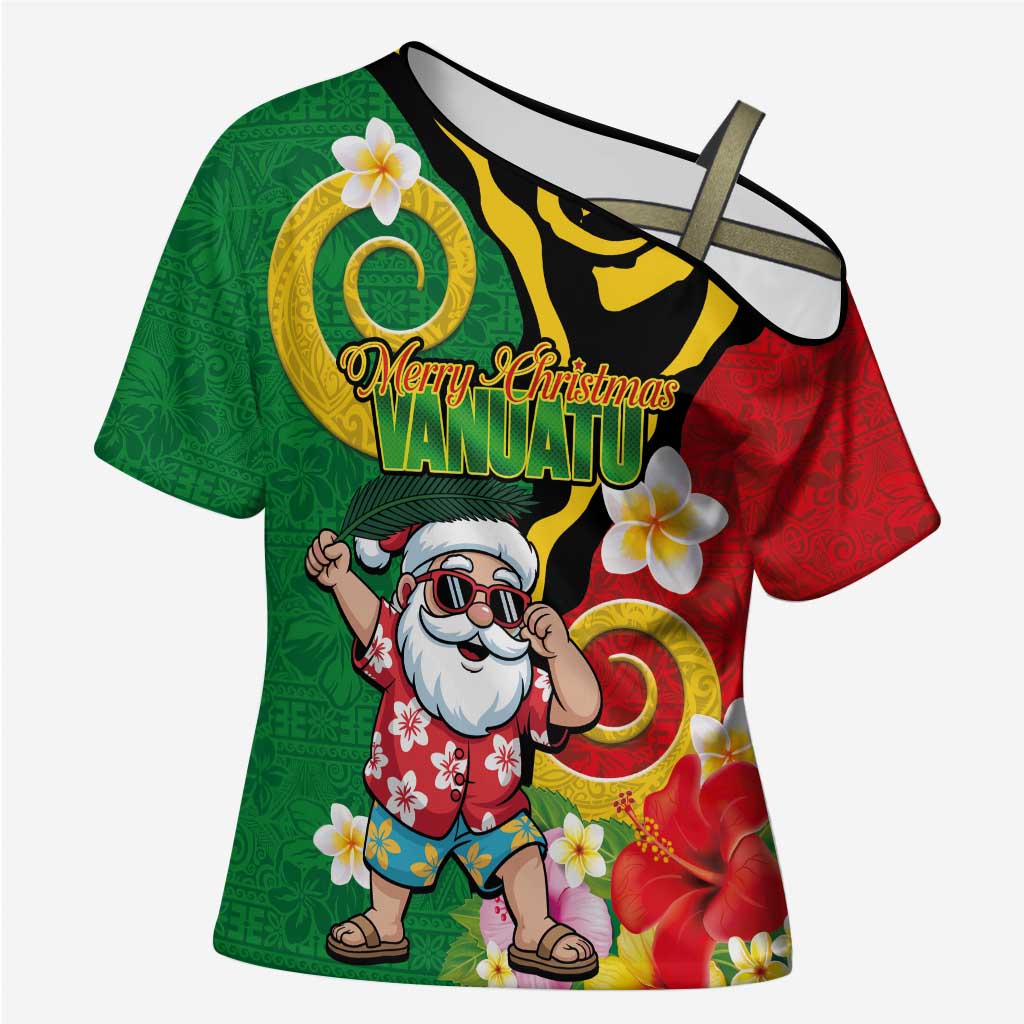 Vanuatu Christmas Cross Shoulder Shirt Funny Santa with Namele and Boar Tusk Tribal LT03 Female Green - Polynesian Pride