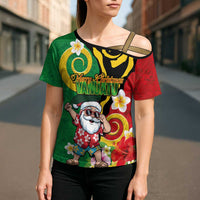 Vanuatu Christmas Cross Shoulder Shirt Funny Santa with Namele and Boar Tusk Tribal LT03 - Polynesian Pride