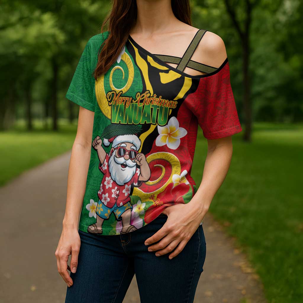 Vanuatu Christmas Cross Shoulder Shirt Funny Santa with Namele and Boar Tusk Tribal LT03 - Polynesian Pride