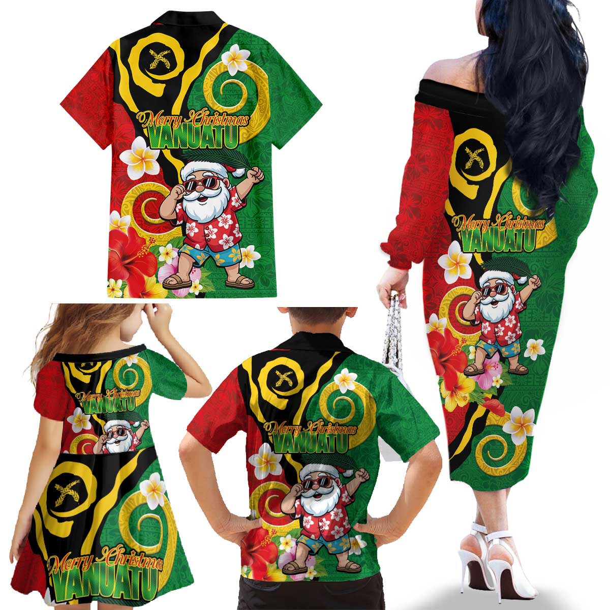 Vanuatu Christmas Family Matching Off The Shoulder Long Sleeve Dress and Hawaiian Shirt Funny Santa with Namele and Boar Tusk Tribal LT03 - Polynesian Pride