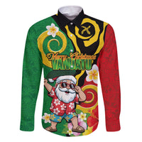 Vanuatu Christmas Family Matching Off The Shoulder Long Sleeve Dress and Hawaiian Shirt Funny Santa with Namele and Boar Tusk Tribal LT03 Dad's Shirt - Long Sleeve Green - Polynesian Pride