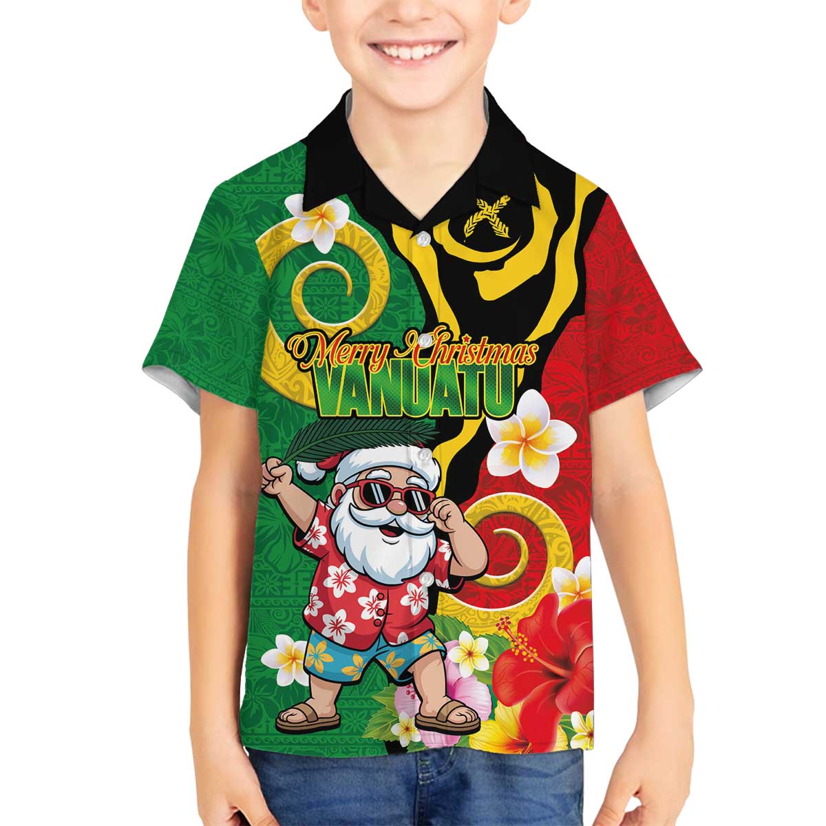 Vanuatu Christmas Family Matching Off The Shoulder Long Sleeve Dress and Hawaiian Shirt Funny Santa with Namele and Boar Tusk Tribal LT03 Son's Shirt Green - Polynesian Pride