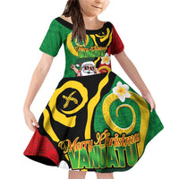 Vanuatu Christmas Family Matching Off Shoulder Short Dress and Hawaiian Shirt Funny Santa with Namele and Boar Tusk Tribal LT03 Daughter's Dress Green - Polynesian Pride