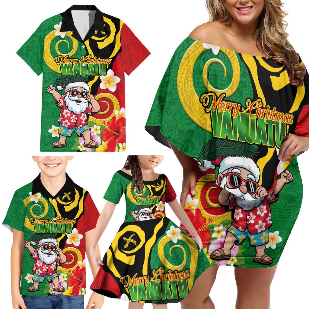 Vanuatu Christmas Family Matching Off Shoulder Short Dress and Hawaiian Shirt Funny Santa with Namele and Boar Tusk Tribal LT03 - Polynesian Pride