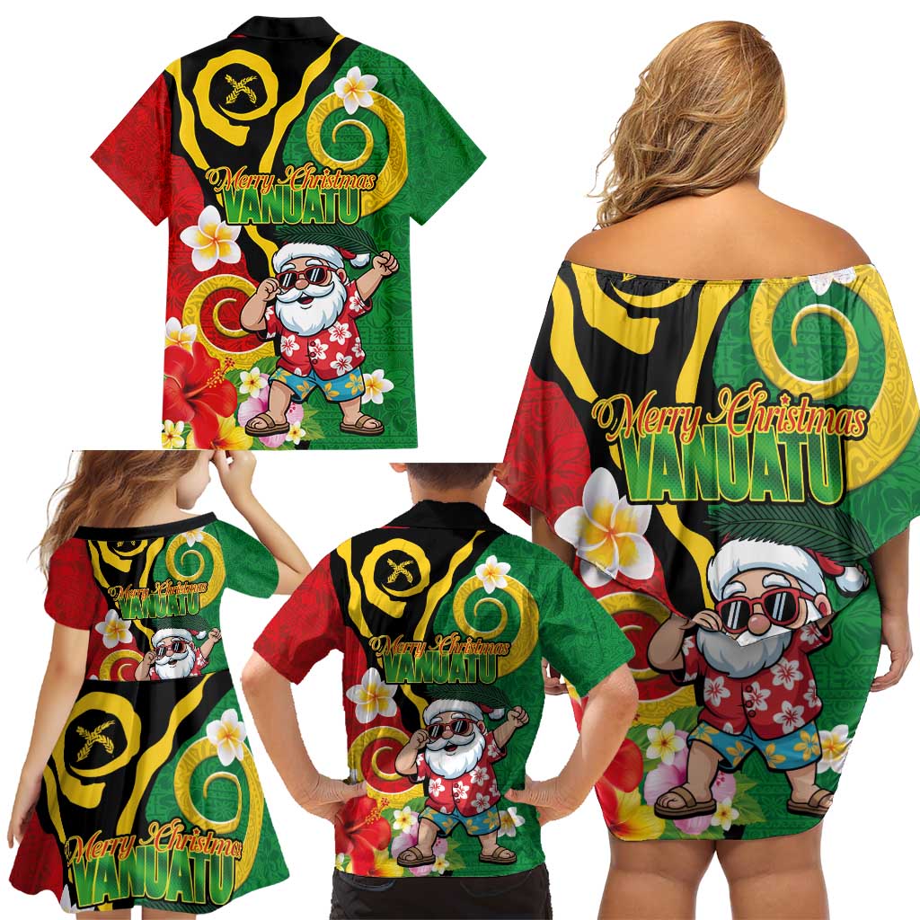 Vanuatu Christmas Family Matching Off Shoulder Short Dress and Hawaiian Shirt Funny Santa with Namele and Boar Tusk Tribal LT03 - Polynesian Pride