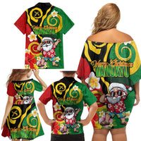 Vanuatu Christmas Family Matching Off Shoulder Short Dress and Hawaiian Shirt Funny Santa with Namele and Boar Tusk Tribal LT03 - Polynesian Pride