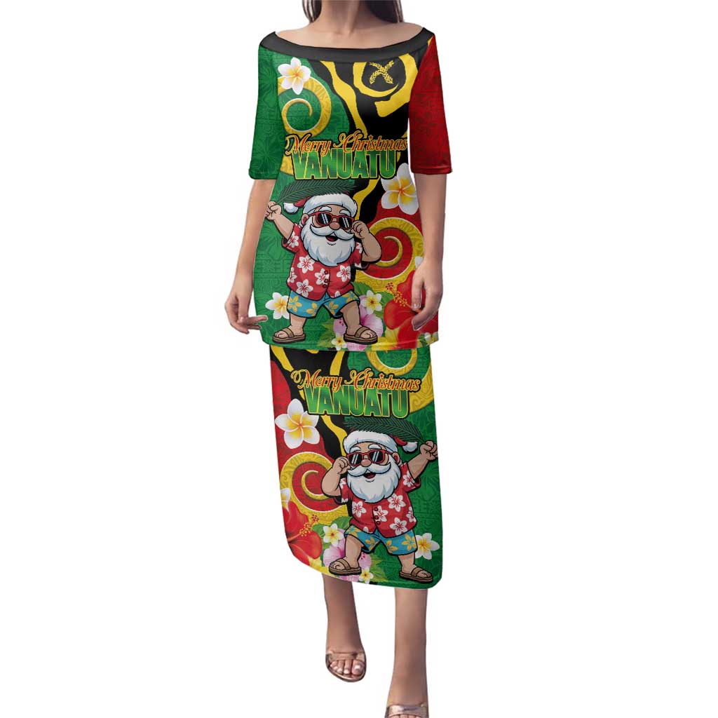 Vanuatu Christmas Family Matching Puletasi and Hawaiian Shirt Funny Santa with Namele and Boar Tusk Tribal LT03 Mom's Dress Green - Polynesian Pride