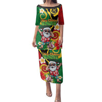 Vanuatu Christmas Family Matching Puletasi and Hawaiian Shirt Funny Santa with Namele and Boar Tusk Tribal LT03 Mom's Dress Green - Polynesian Pride