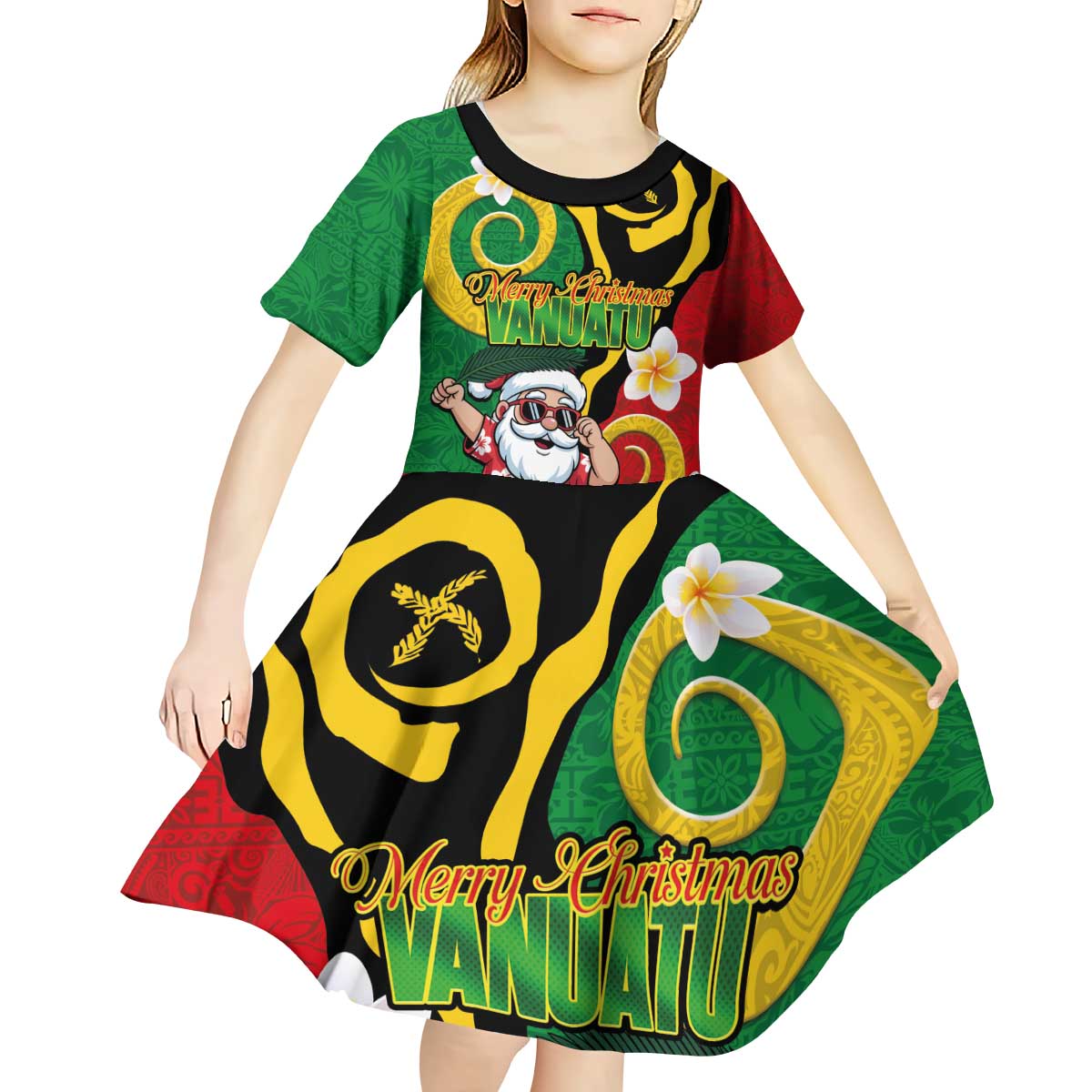 Vanuatu Christmas Kid Short Sleeve Dress Funny Santa with Namele and Boar Tusk Tribal LT03 - Polynesian Pride