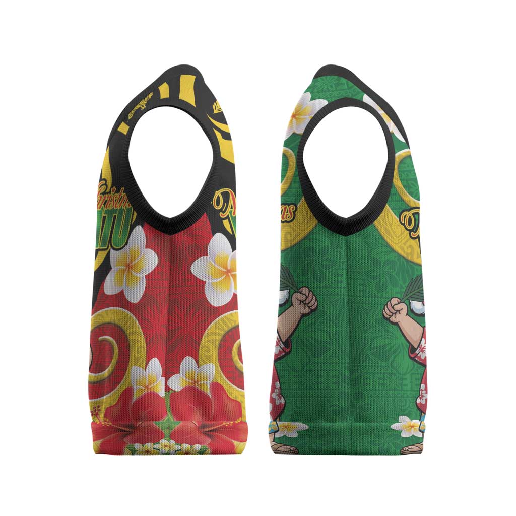 Vanuatu Christmas Knitted V-Neck Vest Funny Santa with Namele and Boar Tusk Tribal LT03 - Polynesian Pride