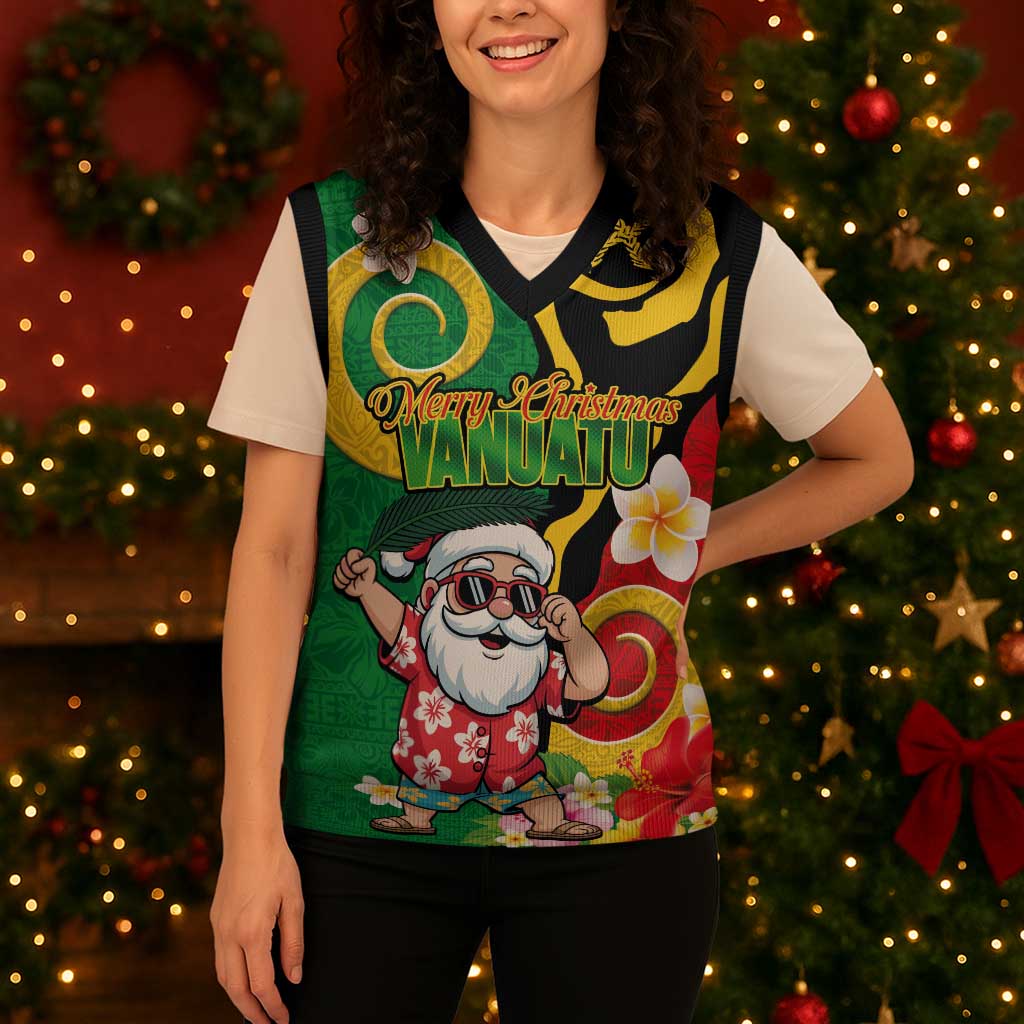 Vanuatu Christmas Knitted V-Neck Vest Funny Santa with Namele and Boar Tusk Tribal LT03 - Polynesian Pride