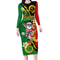 Vanuatu Christmas Long Sleeve Bodycon Dress Funny Santa with Namele and Boar Tusk Tribal LT03 Long Dress Green - Polynesian Pride