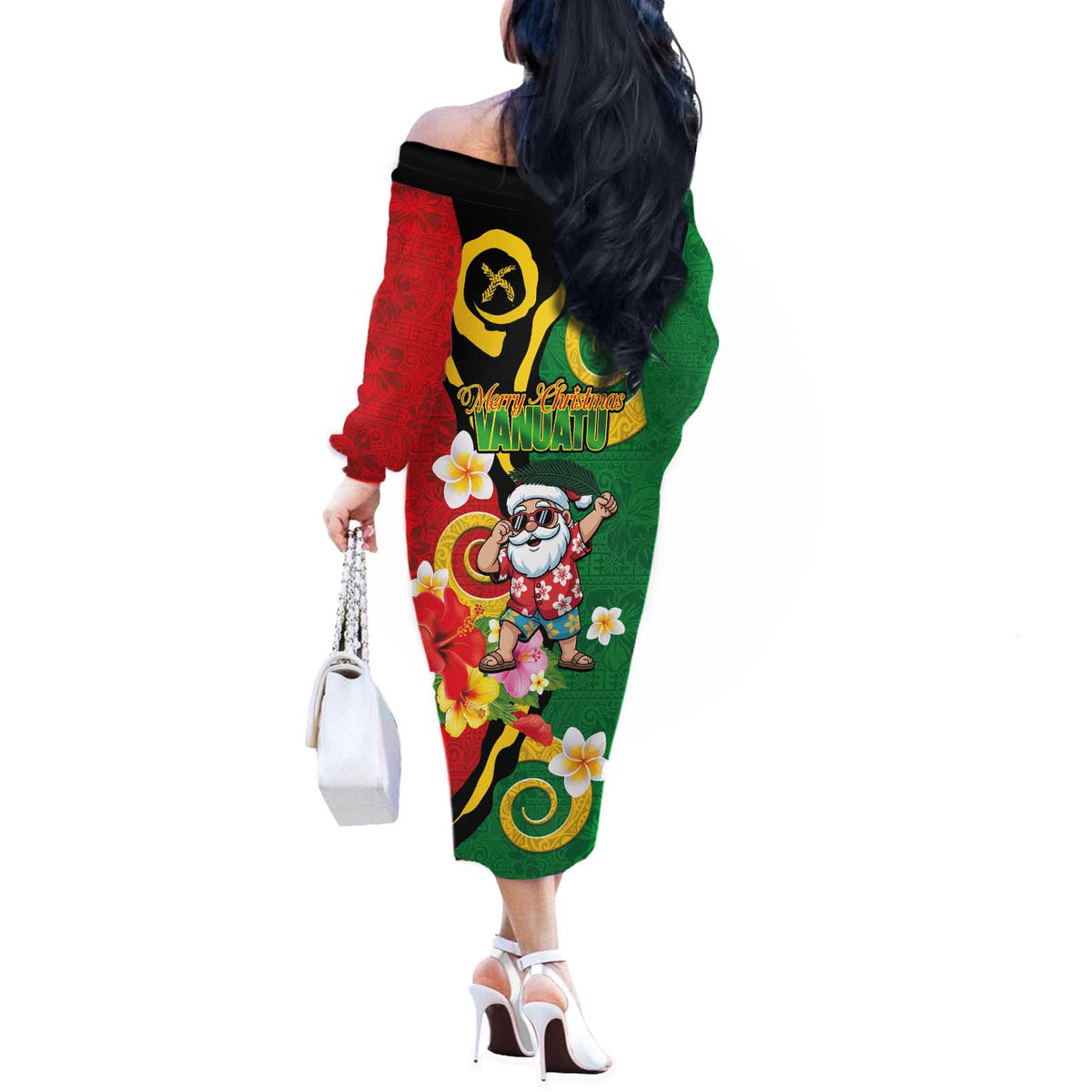 Vanuatu Christmas Off The Shoulder Long Sleeve Dress Funny Santa with Namele and Boar Tusk Tribal LT03 - Polynesian Pride