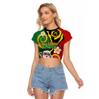 Vanuatu Christmas Raglan Cropped T Shirt Funny Santa with Namele and Boar Tusk Tribal LT03 Female Green - Polynesian Pride