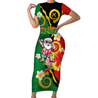 Vanuatu Christmas Short Sleeve Bodycon Dress Funny Santa with Namele and Boar Tusk Tribal LT03 Long Dress Green - Polynesian Pride