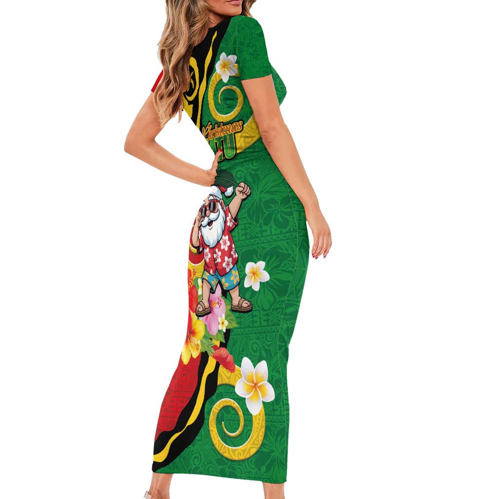 Vanuatu Christmas Short Sleeve Bodycon Dress Funny Santa with Namele and Boar Tusk Tribal LT03 - Polynesian Pride