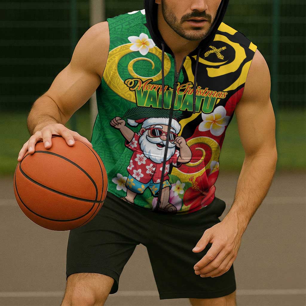 Vanuatu Christmas Sleeveless Zip Hoodie Funny Santa with Namele and Boar Tusk Tribal LT03 - Polynesian Pride