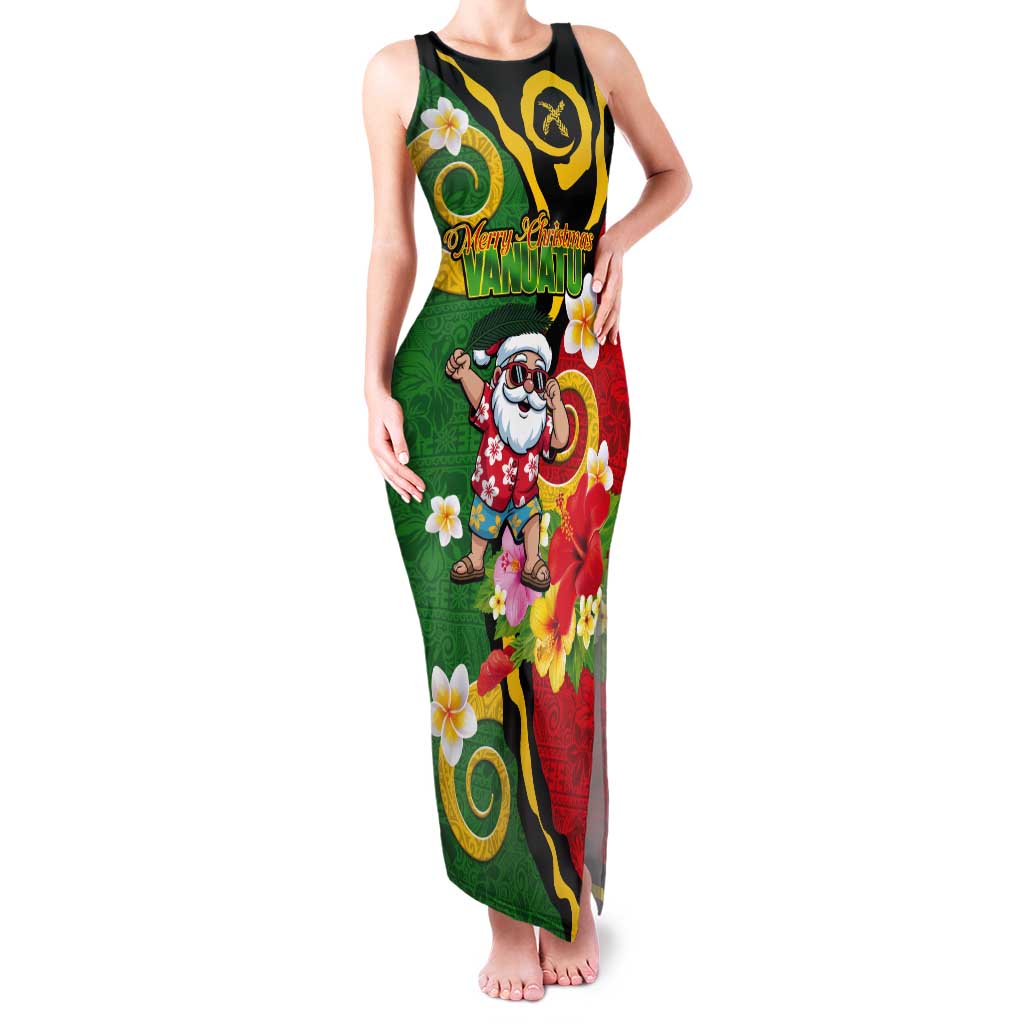 Vanuatu Christmas Tank Maxi Dress Funny Santa with Namele and Boar Tusk Tribal LT03 Women Green - Polynesian Pride