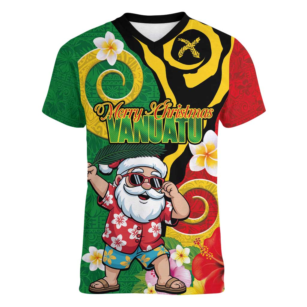 Vanuatu Christmas Women V-Neck T-Shirt Funny Santa with Namele and Boar Tusk Tribal LT03 Female Green - Polynesian Pride