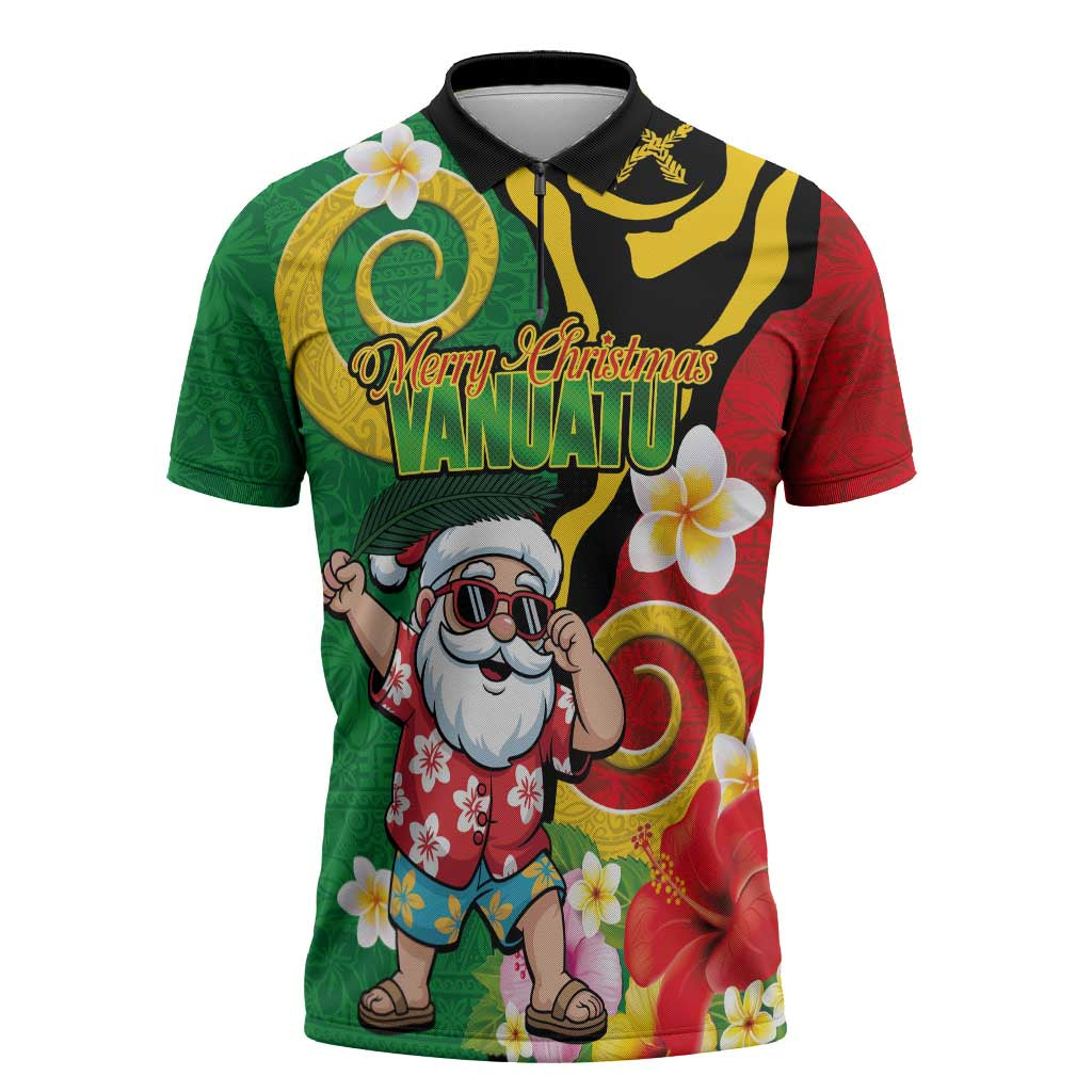 Vanuatu Christmas Zipper Polo Shirt Funny Santa with Namele and Boar Tusk Tribal LT03 Green - Polynesian Pride
