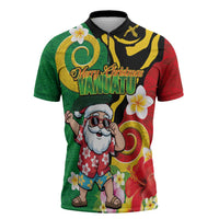 Vanuatu Christmas Zipper Polo Shirt Funny Santa with Namele and Boar Tusk Tribal LT03 Green - Polynesian Pride