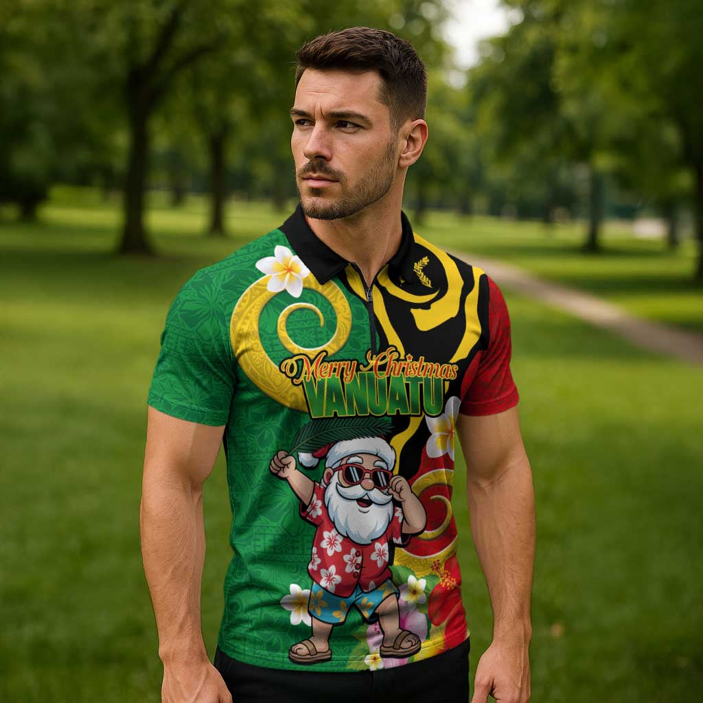Vanuatu Christmas Zipper Polo Shirt Funny Santa with Namele and Boar Tusk Tribal LT03 - Polynesian Pride