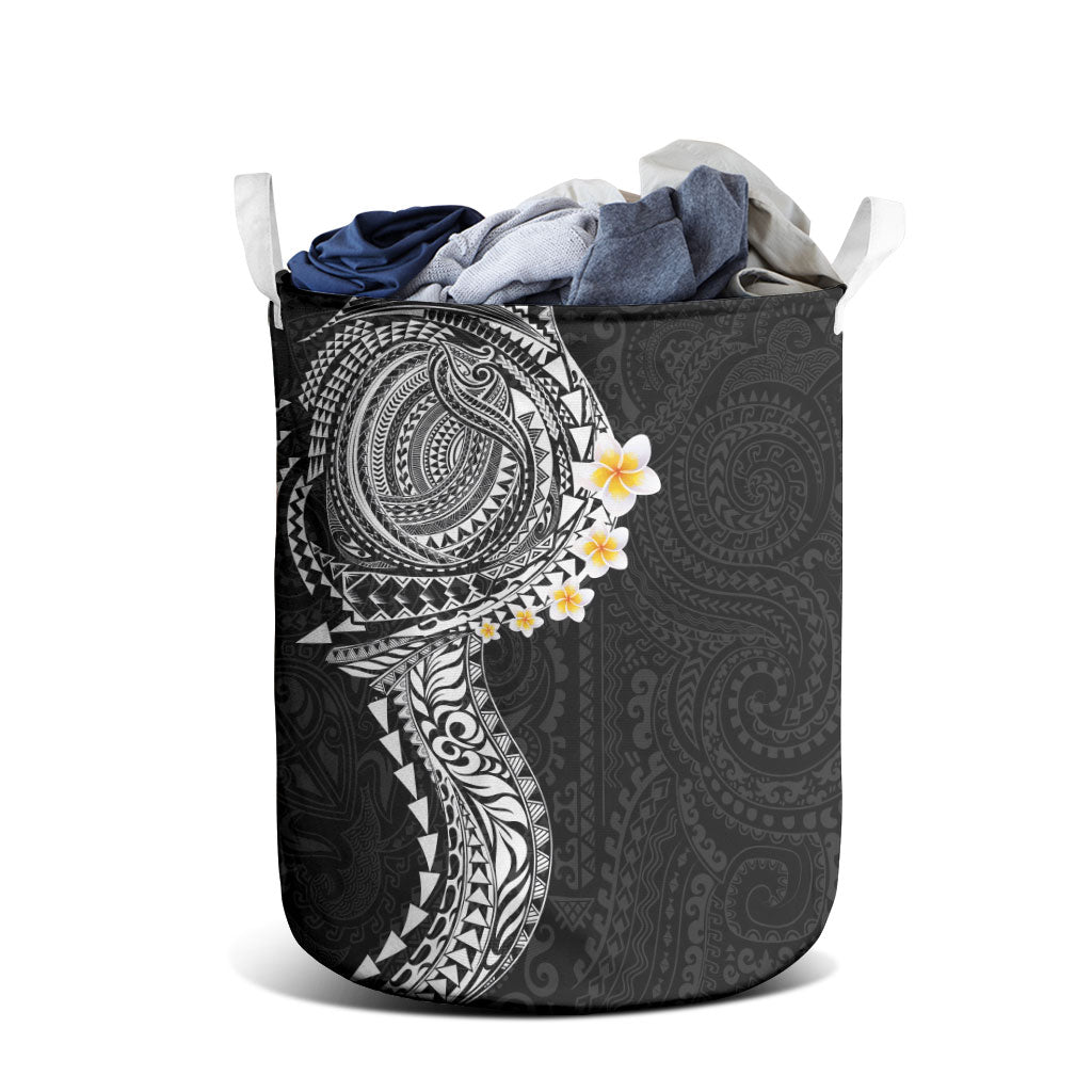 Hawaiian Tribal Tattoo and Plumeria Laundry Basket Polynesian Pattern Black Color