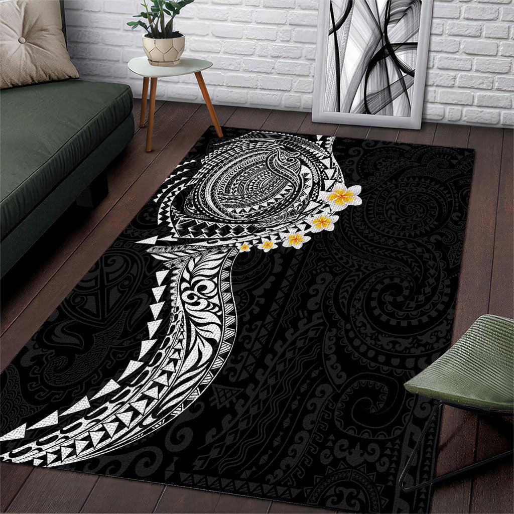 Hawaiian Tribal Tattoo and Plumeria Area Rug Polynesian Pattern Black Color