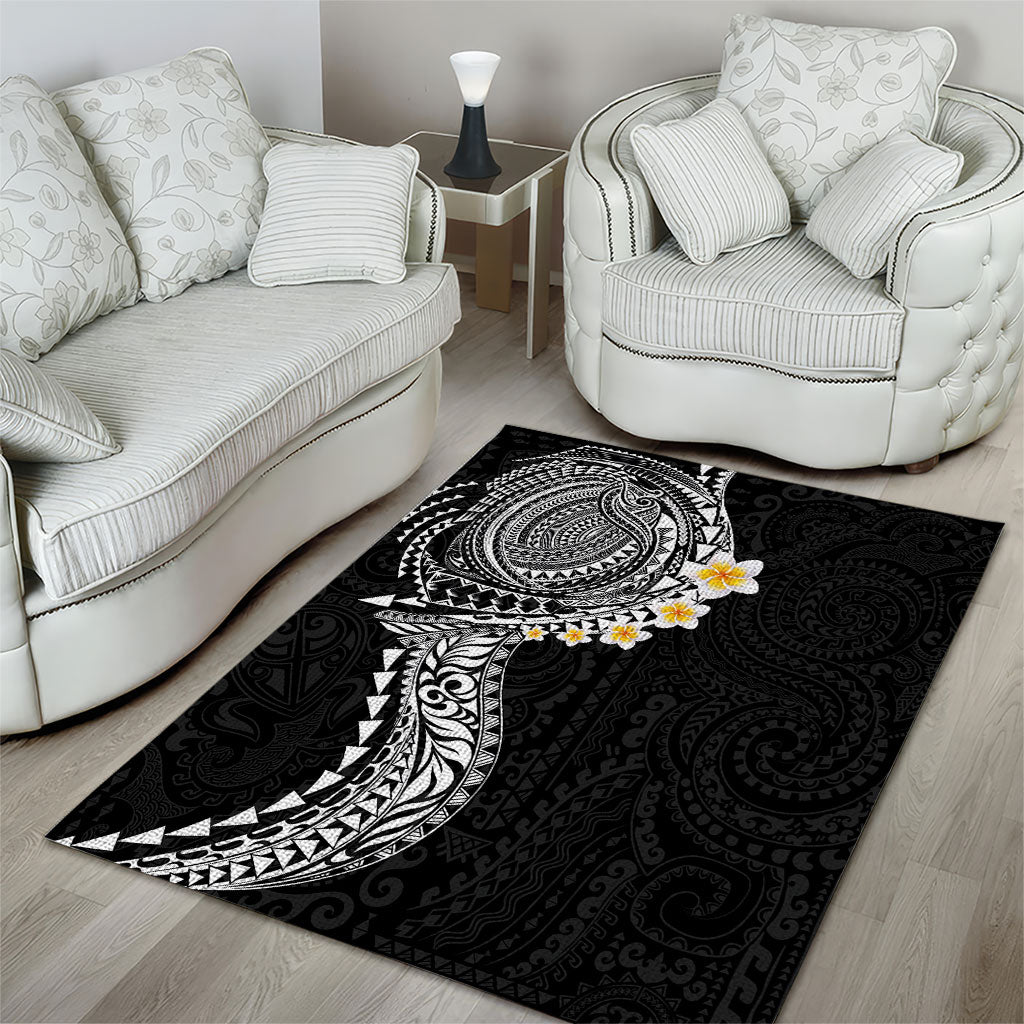 Hawaiian Tribal Tattoo and Plumeria Area Rug Polynesian Pattern Black Color