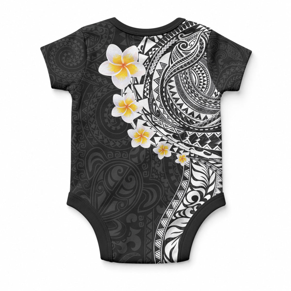 Hawaiian Tribal Tattoo and Plumeria Baby Onesie Polynesian Pattern Black Color