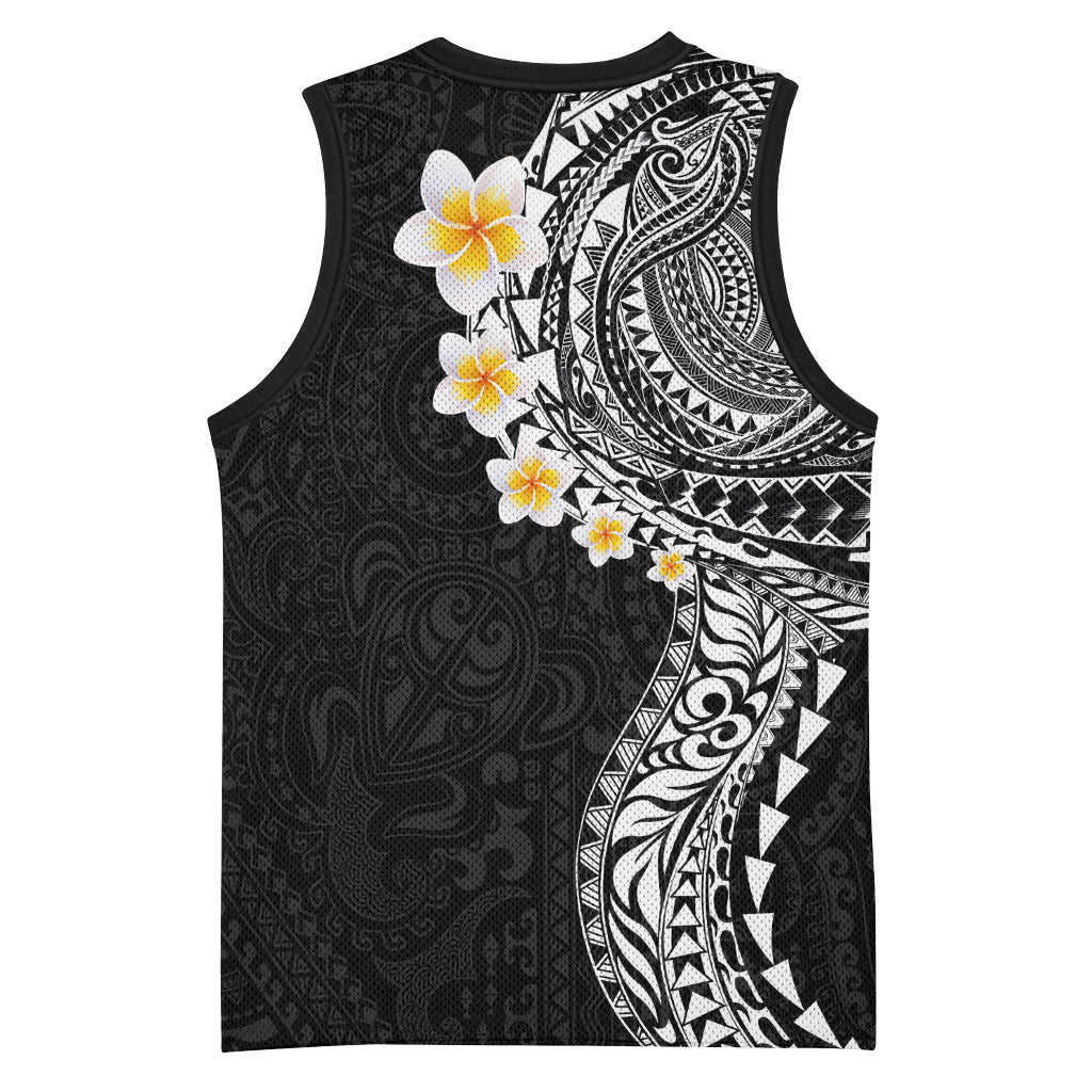Hawaiian Tribal Tattoo and Plumeria Basketball Jersey Polynesian Pattern Black Color
