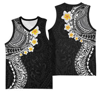 Hawaiian Tribal Tattoo and Plumeria Basketball Jersey Polynesian Pattern Black Color