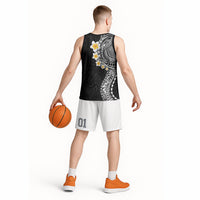 Hawaiian Tribal Tattoo and Plumeria Basketball Jersey Polynesian Pattern Black Color